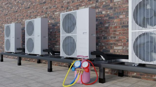 External units of air conditioners on the roof, a freon cylinder, the operation of air conditioners. 3d render