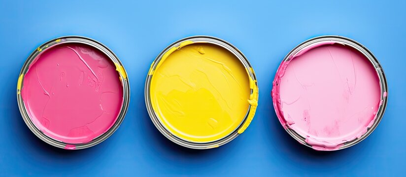 repair is depicted in an image with three paint cans of different colors (blue, yellow, and pink) on a tricolor background. is taken from a top-down perspective with a flat lay arrangement, and empty