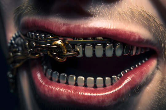 Male man mouth and lips with a zipper on the teeth. Abstract display of serets, mystery, silence. Generative AI.