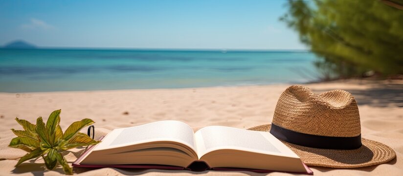 A writing book with summer beach accessories is featured on a background, offering copy space. is laid flat with copy space available.