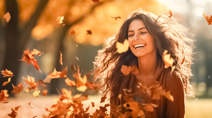 Portrait of casual joyful woman enjoy, having fun at the autumn season at park. Fall season...