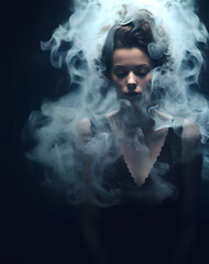 Fashion surreal Concept. Closeup portrait of stunning beautiful woman girl surround with smoke. illuminated with dynamic composition and dramatic lighting. sensual, mysterious, advertisement, magazine