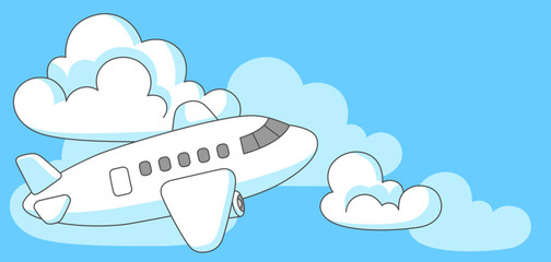 Banner with airplane and clouds. Travel illustration and tourism background.