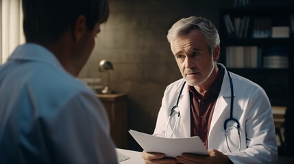 A professional physician in a white medical uniform talks to discuss results or symptoms and gives a recommendation to a male patient and signs a medical paper at an appointment visit in the clinic - obrazy, fototapety, plakaty