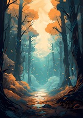 Fototapeta premium a painting showing a forest path with trees