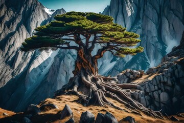 old tree in the mountains in the morning generated by AI tool
