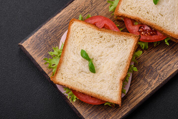 Fototapeta na wymiar Delicious sandwich with toast, ham, tomatoes, cheese and lettuce