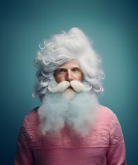 An elderly man with a gray beard in pink clothes  against aquamarine background. Winter mood, urban Santa Claus, Christmas inspiration. 