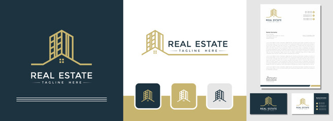 Modern style building real estate logo design with business card and letterhead template. the needs of construction, architecture, and business firms