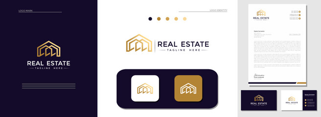 Modern style building real estate logo design with business card and letterhead template. the needs of construction, architecture, and business firms