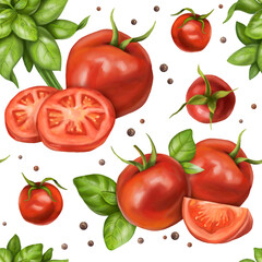 Seamless pattern with compositions of red tomatoes, cherry, peppercorns, bunches and basil leaves. Floral background for textiles, fabrics, wrapping paper and other designs