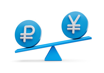 Obraz premium 3d White Ruble And Yen Symbol On Rounded Blue Icons With 3d Balance Weight Seesaw, 3d illustration