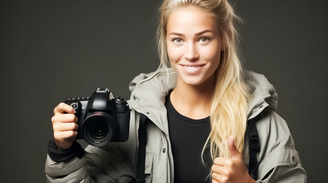 Female photographer holding camera and giving thumbs up. Photographer posing in a professional studio.
