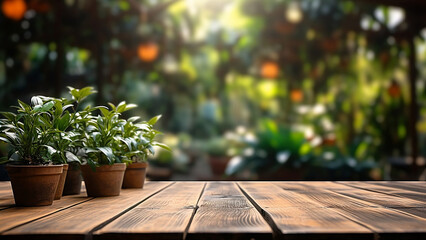 Fototapeta na wymiar Wooden table top on blur background of green garden with bokeh sunlight. High quality photo 