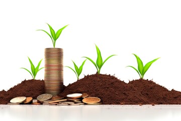 Fototapeta na wymiar Grow Your Money: Business Concept of Growing Plants and Coins on White Background for Financial Wealth and Success: Generative AI