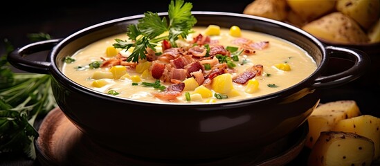 A bowl of chowder made with potatoes, ham, bacon, and sweetcorn. It is garnished with chopped parsley and ground black pepper. In the background, there are two bowls, and in the front, ladle. copy - obrazy, fototapety, plakaty