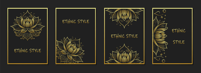 Cover set, vertical templates. Collection of geometric black backgrounds with ethnic tribal outline pattern of golden lotus, the national symbol of India.
