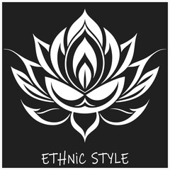 Ethnic decorative lotus flower pattern, black white template, tattoo, logo, stencil on a black isolated background. National symbol of India.