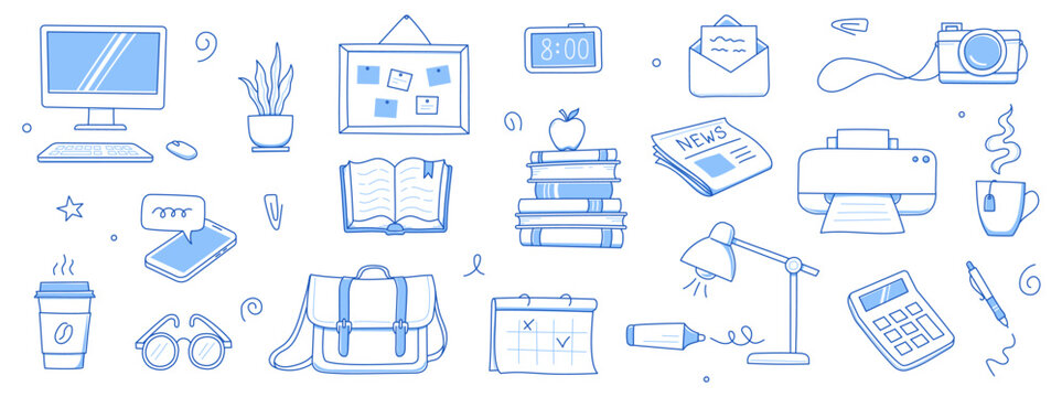 Office work doodle set. Office computer, work desk, notebook doodle icon. Hand drawn blue sketch style illustration. Business, school education hand drawn elements. Vector illustration.