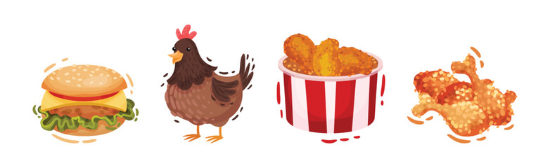 Cooked Chicken Dish with Hamburger and Fried Legs Vector Set