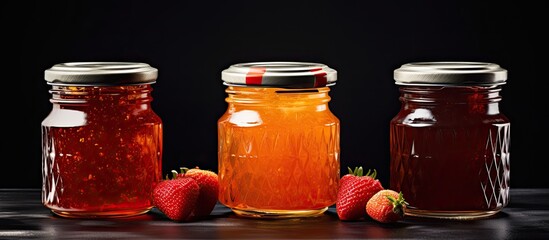 Fototapeta na wymiar There are three glass jars containing strawberry, orange, and raspberry jams placed on the edge of a table against a black background. room for additional text or images around them.