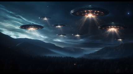 Fototapeta na wymiar Dramatic depiction of a UFO fleet in the night sky signaling a possible alien encounter