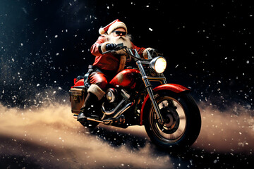 Weihnachtsmann auf Motorrad unterwegs 11, Generative KI - obrazy, fototapety, plakaty