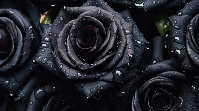 Black roses with water drops background	