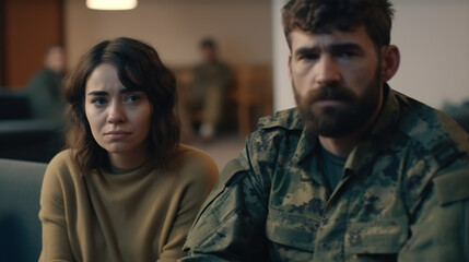 Fototapeta premium Thoughtful soldier sitting next to upset wife 