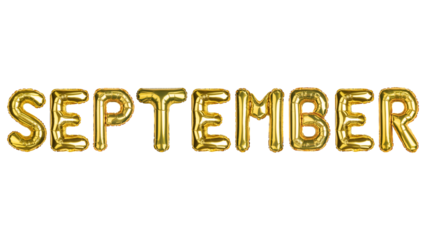 September. September balloons. Autumn month. Yellow Gold foil helium balloon. Good for advertising, event, store shop posters. English alphabet letters, word. High resolution photo isolated background