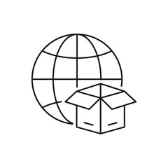 Globe with box. International delivery, export package icon line style isolated on white background. Vector illustration