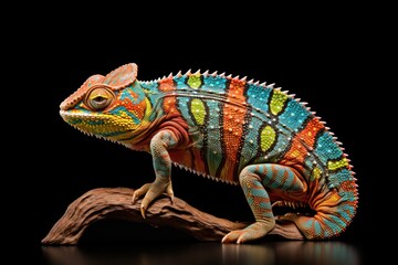 Obraz premium close up portrait of a beautiful chameleo isolated on black, ai tools generated image