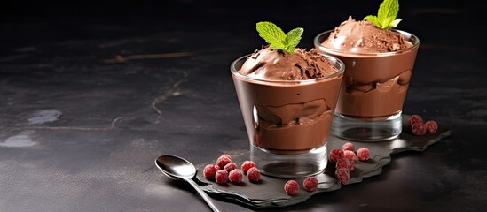 A tasty chocolate mousse is served in glasses on a dark brown slate, stone, or concrete background....