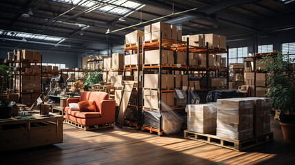 warehouse interior with shelves, pallets and boxes. store warehouse concept.