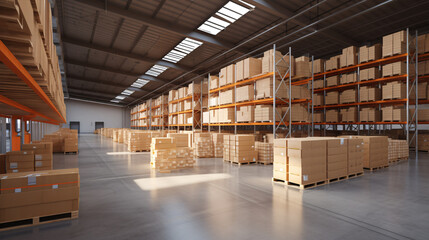 warehouse interior with shelves, pallets and boxes. store warehouse concept.