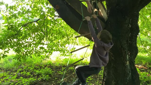 Childhood adventure in treehouse. Little boy climbs rope ladder supportive sister cheers him on. Vibrant sunlight filters through green lush foliage creates whimsical atmosphere unforgettable playtime