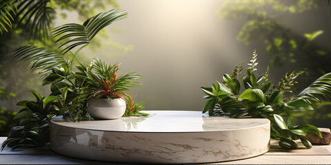 White stone podium, cosmetic display product stand with water reflection and nature leaves background. 3D rendering