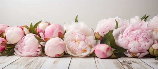 The background is a rustic white wooden surface with beautiful pink peonies, providing an amazing display. empty space available for copying purposes.
