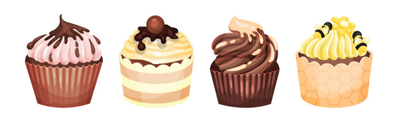 Sweet Cupcake or Fairy Cake Baked in Paper Cup Topped with Whipped Cream Vector Set