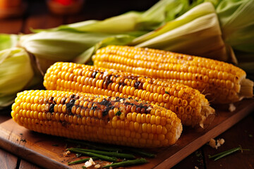 Grilled corn on cobs on wooden cutting board, closeup
