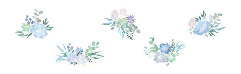 Blue Flower Bouquet and Floral Blooming Composition Vector Set