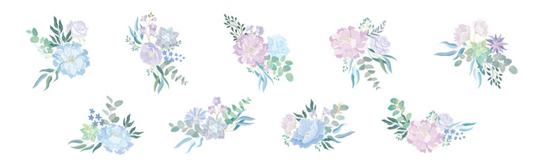 Blue Flower Bouquet and Floral Blooming Composition Vector Set