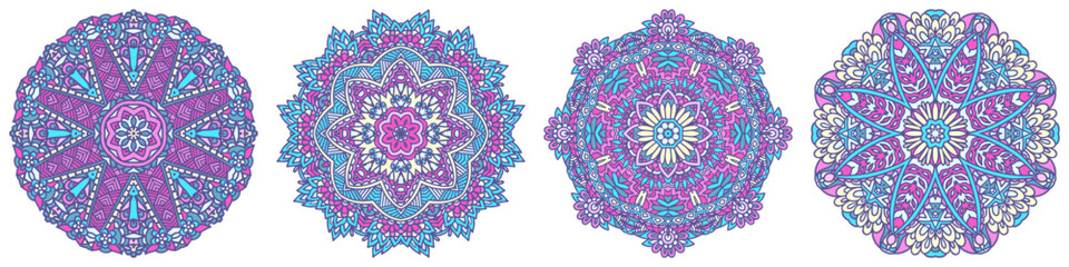 Set of round mandala on white background. Vector yoga mandala in blue, violet and pink colors