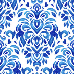 Gorgeous seamless blue floral watercolor pattern oriental tiles fabric design
