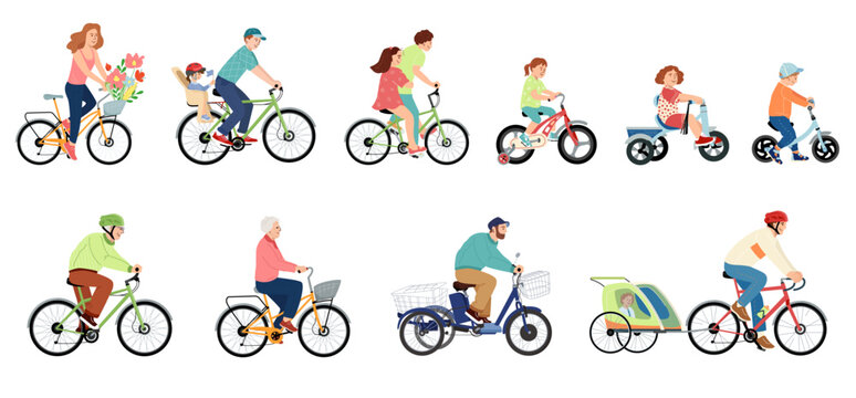 Collection of people riding bicycles. Set of family: man, woman, children, grandfather and grandmother on bikes of various types - with child seats, trailers, balance bikes. Flat vector illustration.