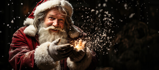 Santa Claus blowing magic snow of his hands with copy space
