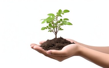 Hands holding young tree isolated on white background. Environment Earth Day, Generative AI