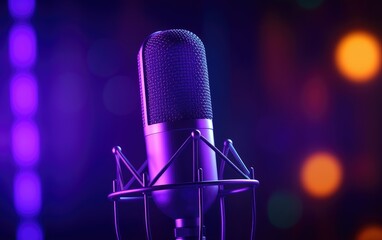 Professional microphone with pink purple background, Podcast concept, Generative AI