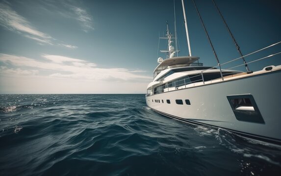 Luxury motor yacht on the ocean at sunset, Generative AI