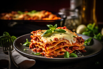 Piece of tasty hot lasagna on a plate. Tradishional Italian food